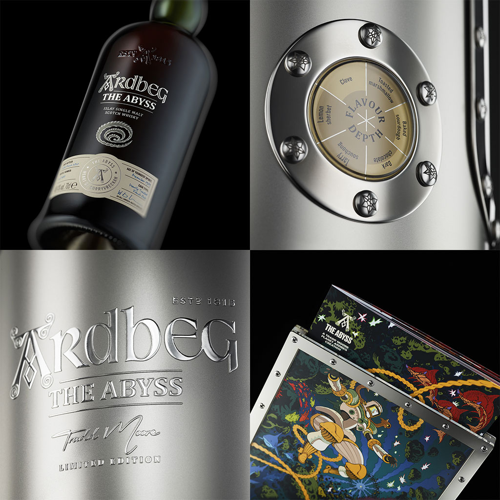 4 close ups showing The Abyss bottle, packaging and comic  